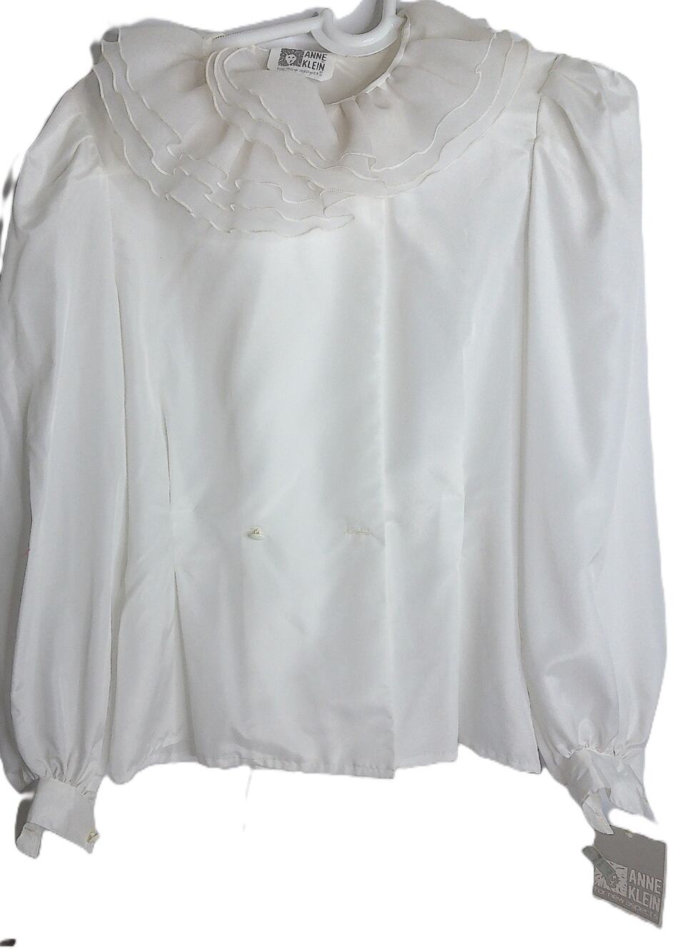 Vtg Anne Klein White Ruffle Blouse Long Puff Sleeves Romantic Coquette Size 10